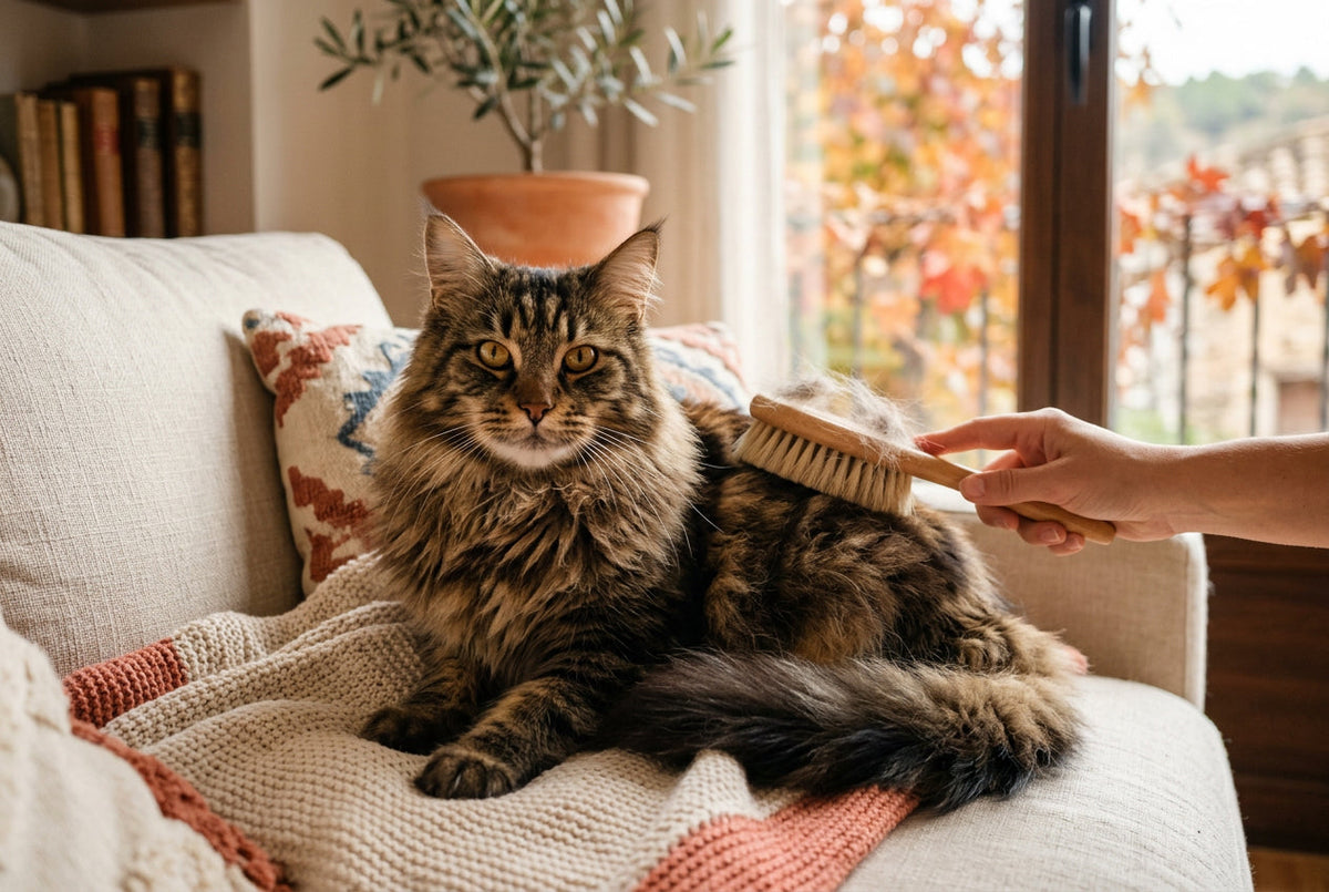 Gato Maine Coon cepillado durante la muda de otoño