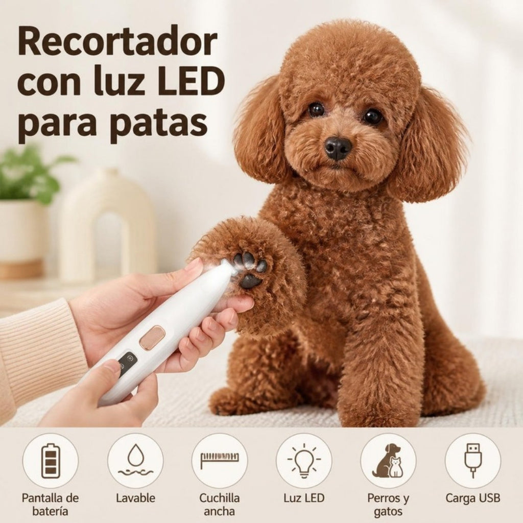 Recortador con luz LED usado en las patas de un caniche toy marrón
