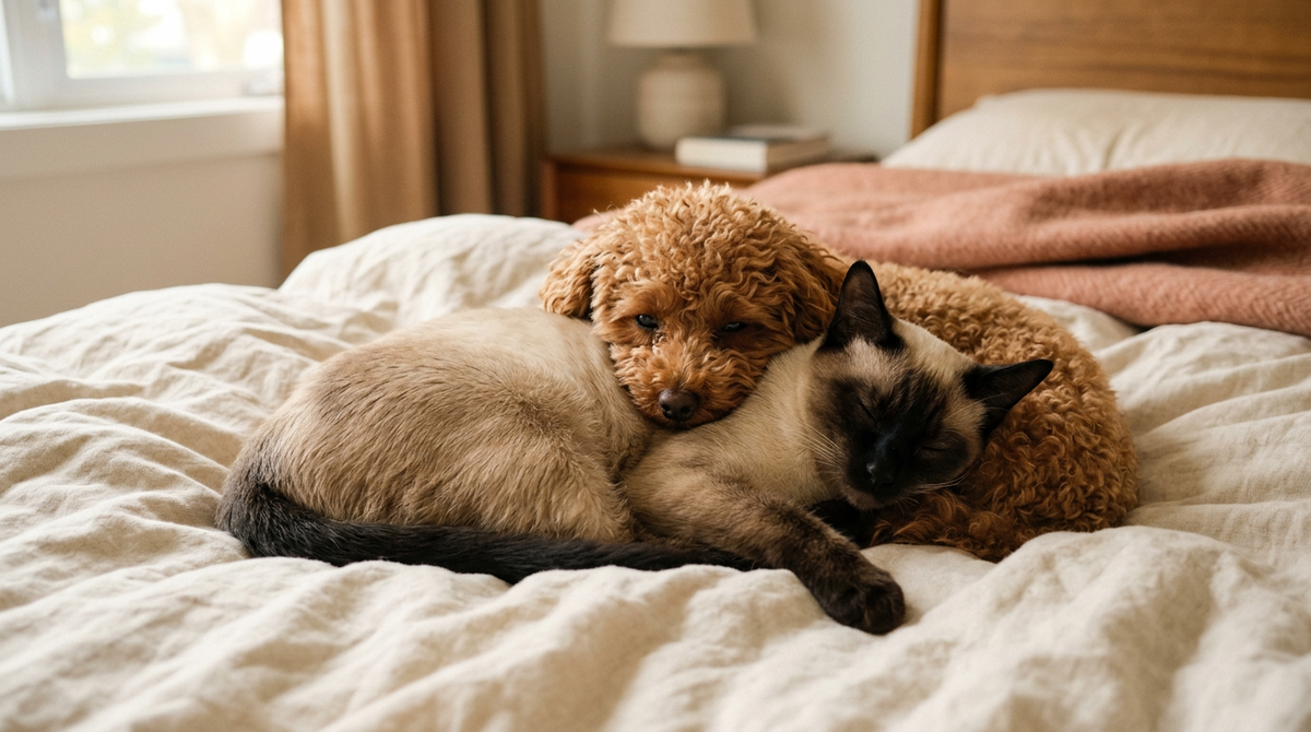 Caniche toy canela y gato siamés durmiendo juntos